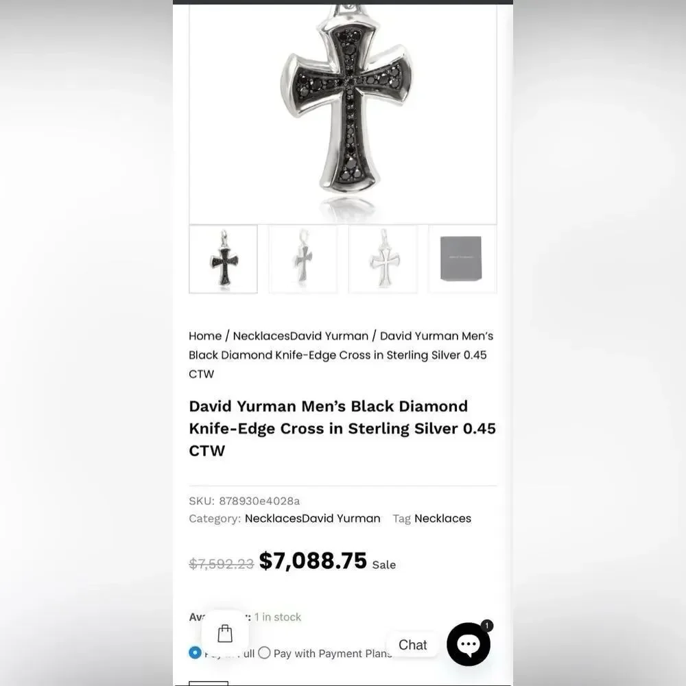 David Yurman Knife-Edge Cross Pendant Sterling Silver with Pave Black Diamonds